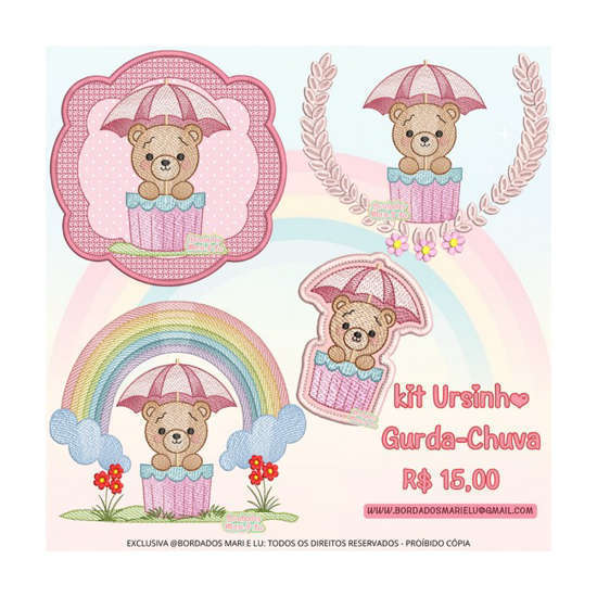 Exclusiva - Ursinho Guarda chuva com Arco Iris 